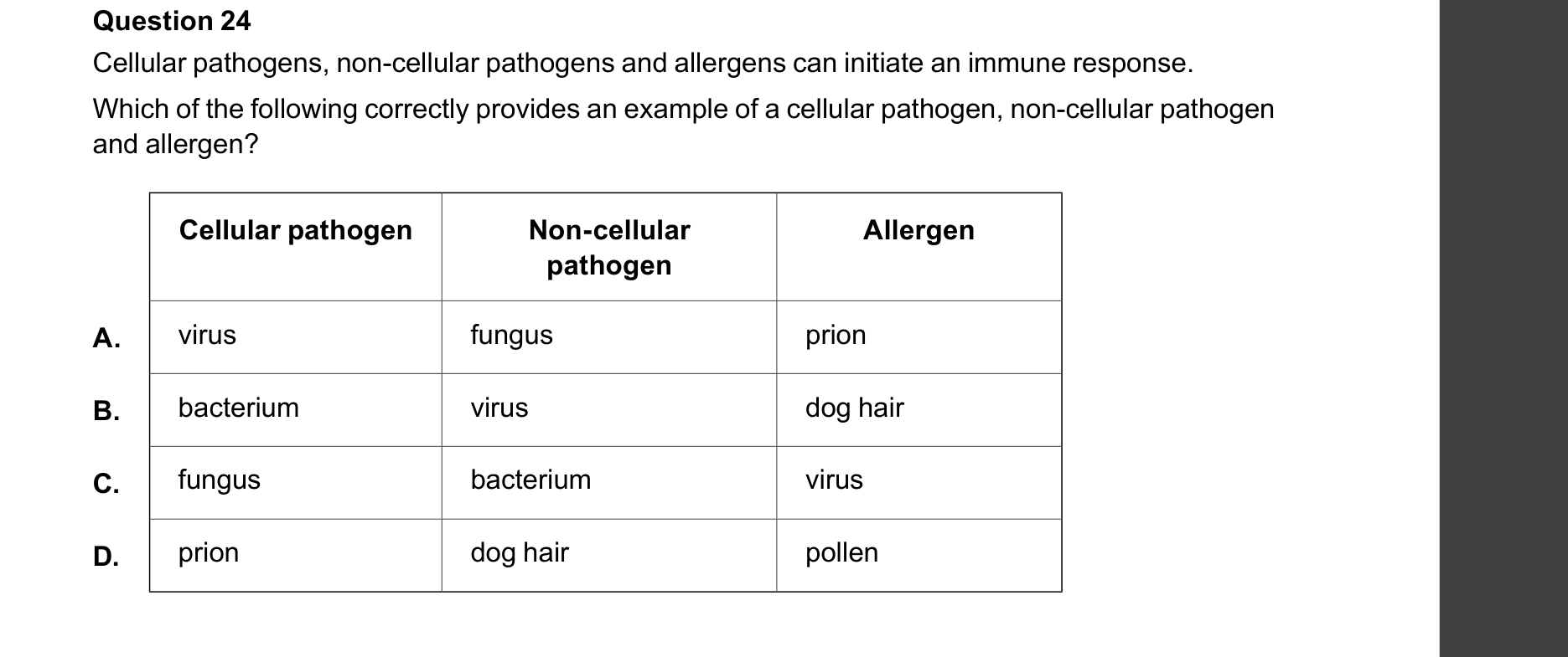 Biology 2025 Exam Question 24 — Cellular versus non-cellular pathogens, Allergens and allergic responses