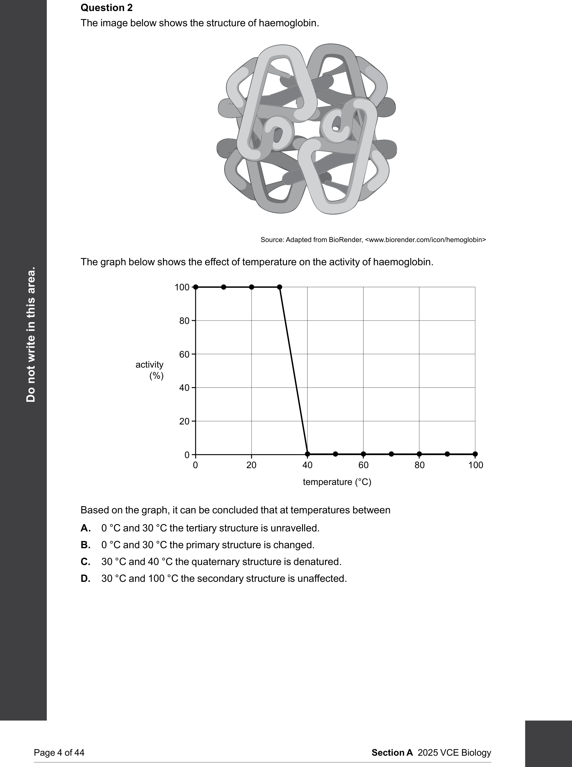 Biology 2025 Exam Question 2 — Hierarchical protein structure levels, Temperature and pH effects on enzymes