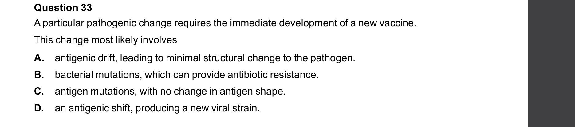 Biology 2025 Exam Question 33 — Viral antigenic drift and shift
