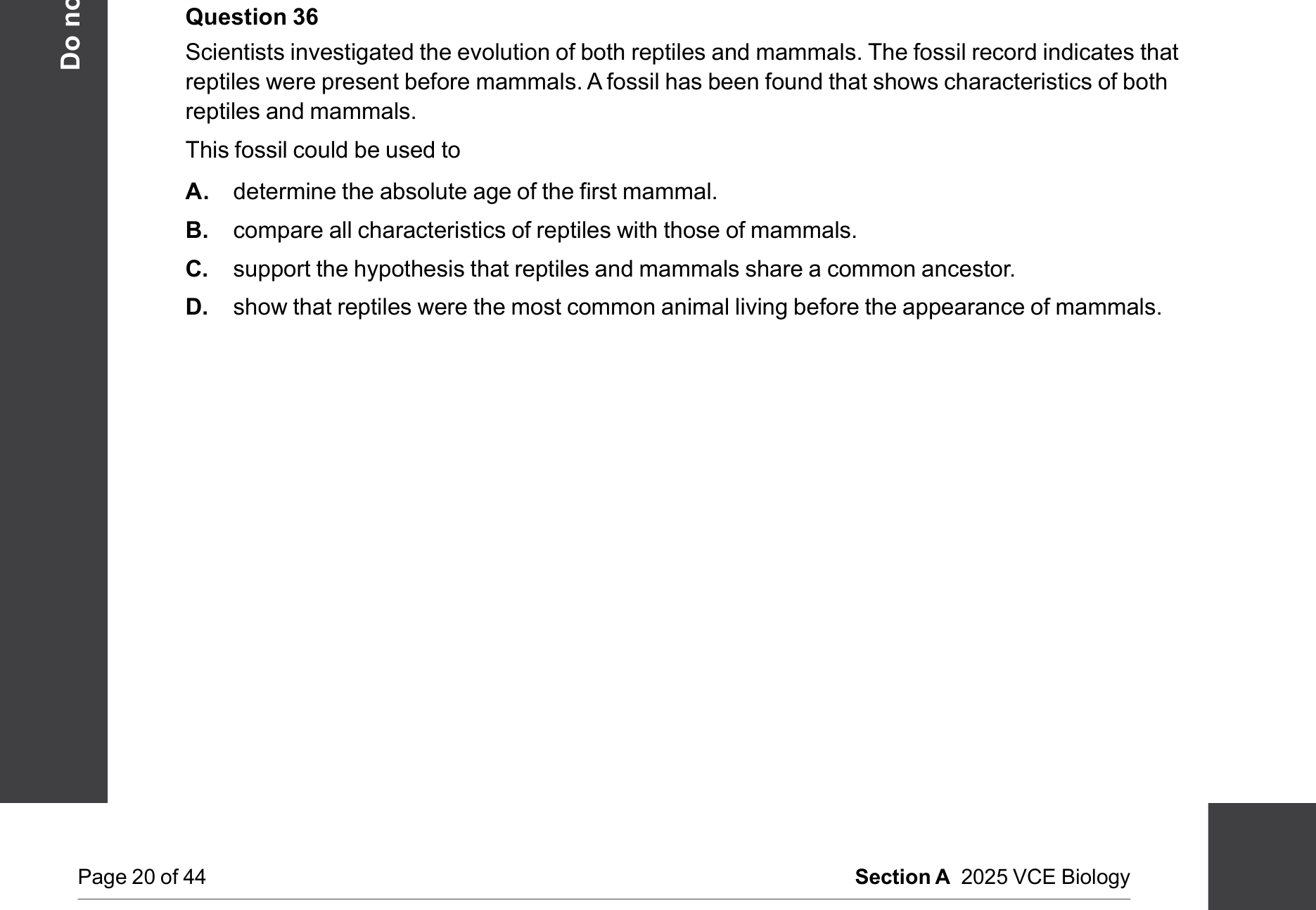Biology 2025 Exam Question 36 — Fossil record and faunal succession, Index and transitional fossils