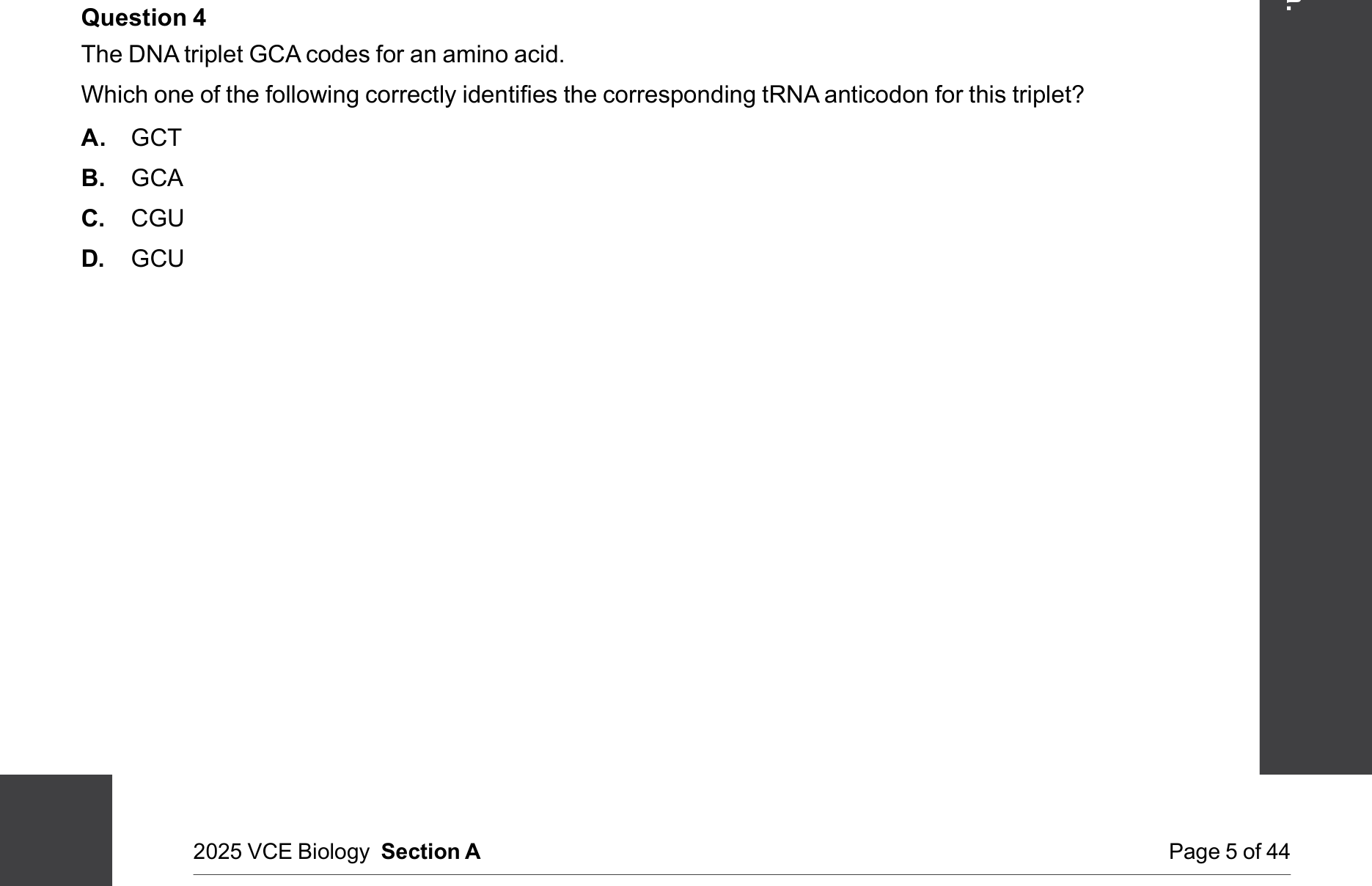 Biology 2025 Exam Question 4 — Universal triplet genetic code and degeneracy, Translation by ribosomes
