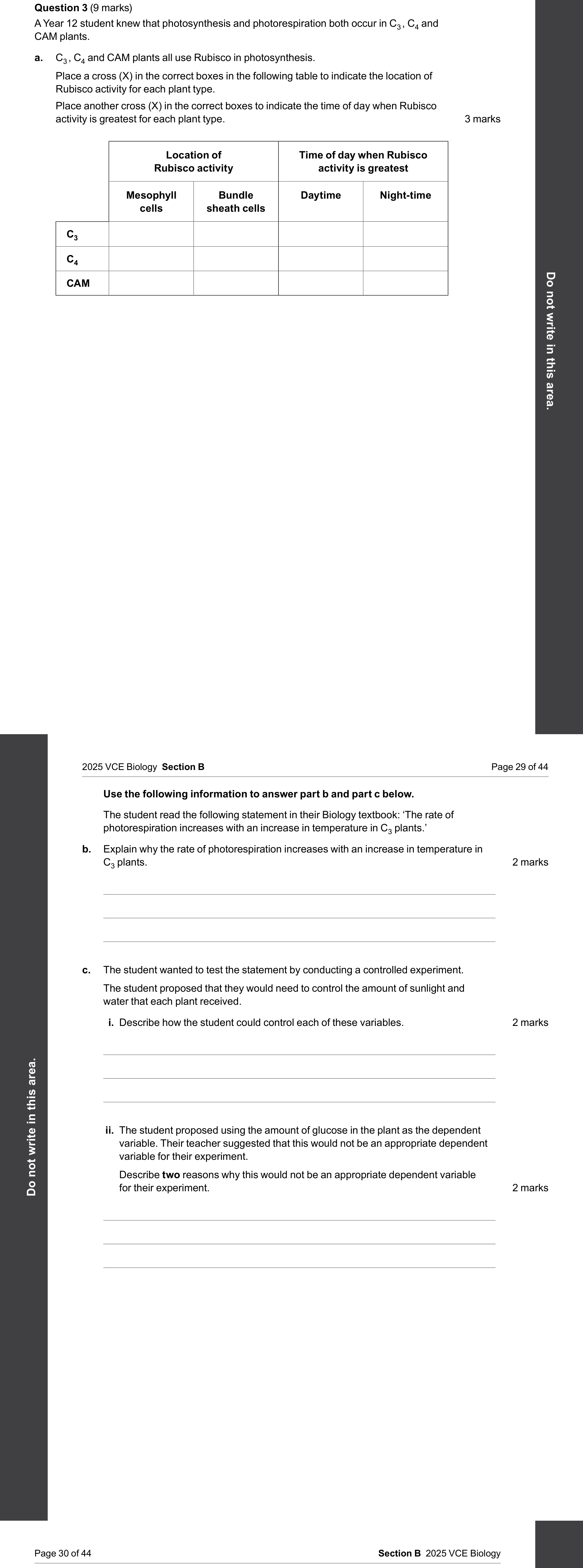 Biology 2025 Exam Question 3(b) — Rubisco role in carbon fixation, Factors affecting photosynthesis rate