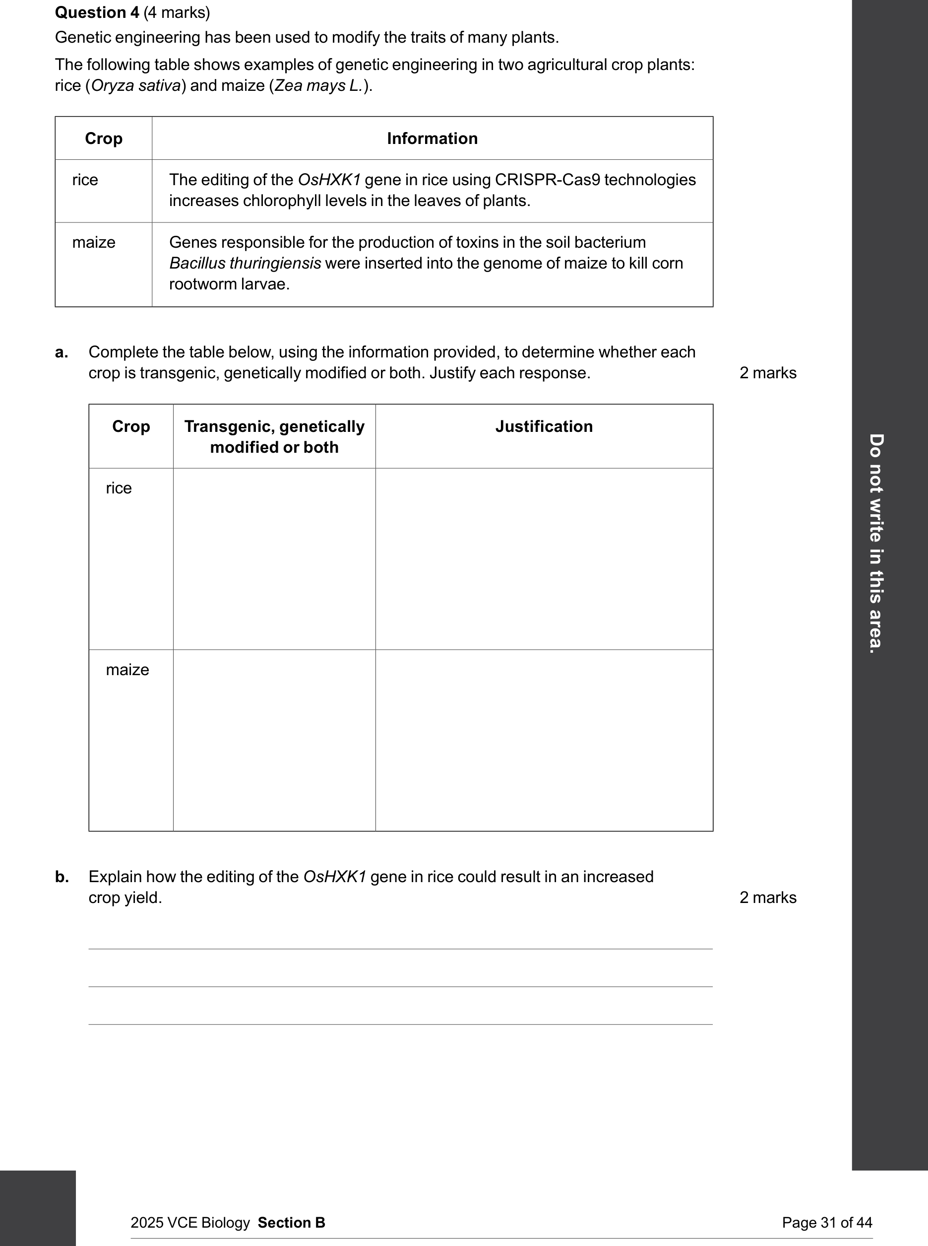 Biology 2025 Exam Question 4(b) — CRISPR applications for photosynthetic efficiency, Agricultural applications of gene technology