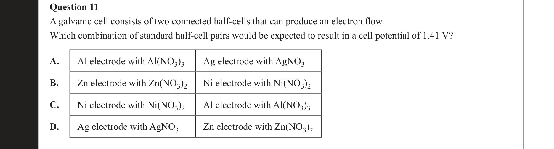 Chemistry 2017 Exam Question 11 — Redox, Galvanic cells