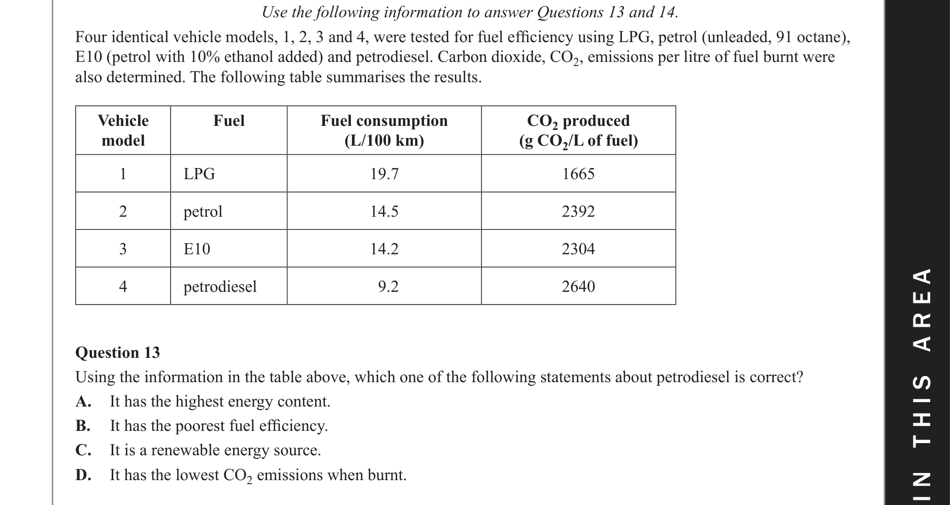Chemistry 2017 Exam Question 13 — Fuels, Fossil fuels