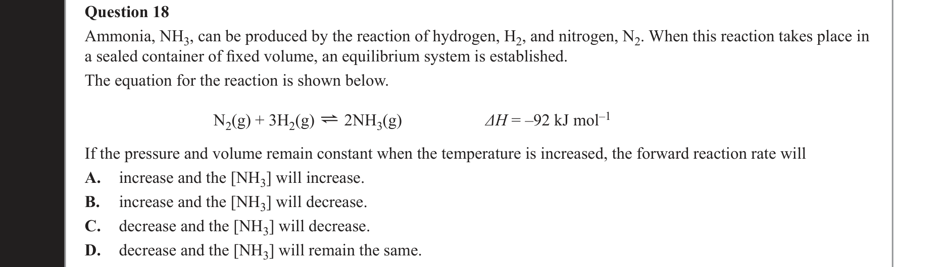 Chemistry 2017 Exam Question 18 — Rates of reactions, Equilibrium and Le Chateliers principle