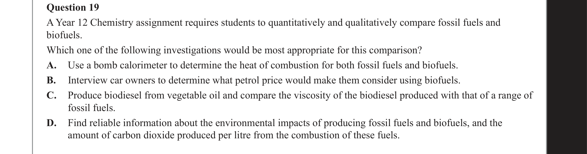 Chemistry 2017 Exam Question 19 — Fuels, Biofuels, Fossil fuels
