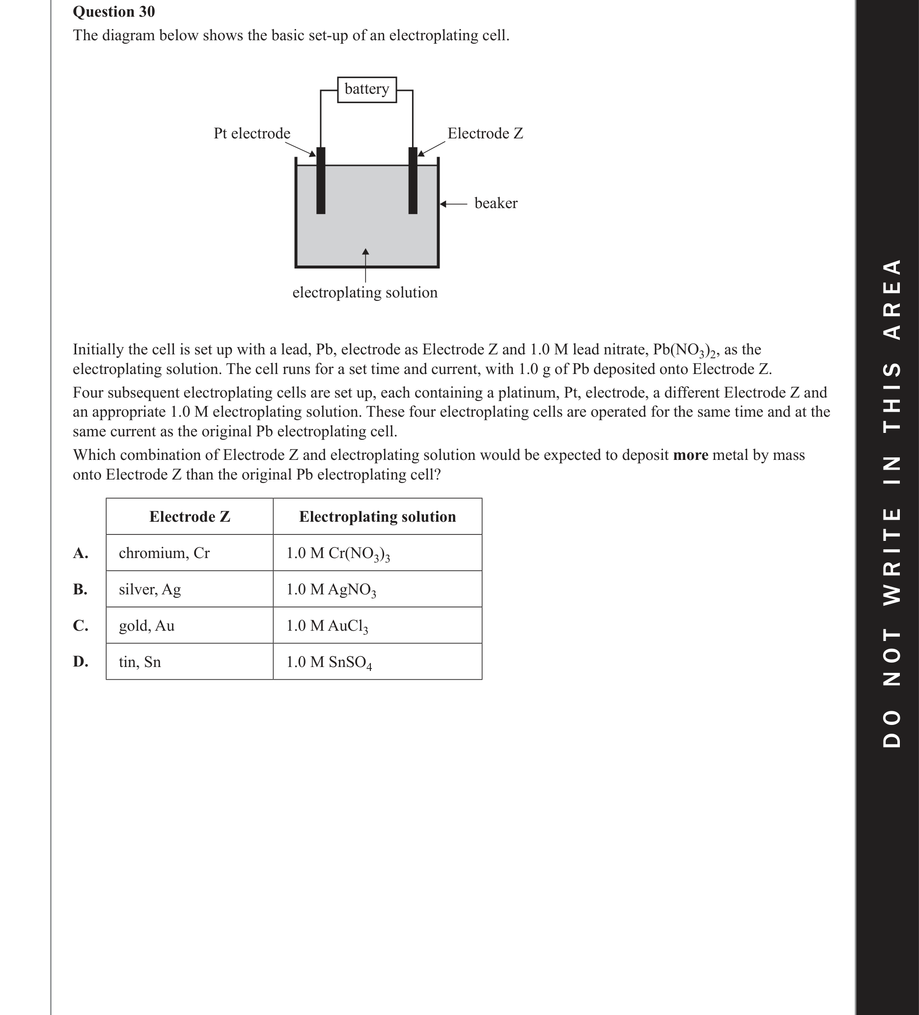 Chemistry 2017 Exam Question 30 — Redox, Electrolytic cells, Faradays law