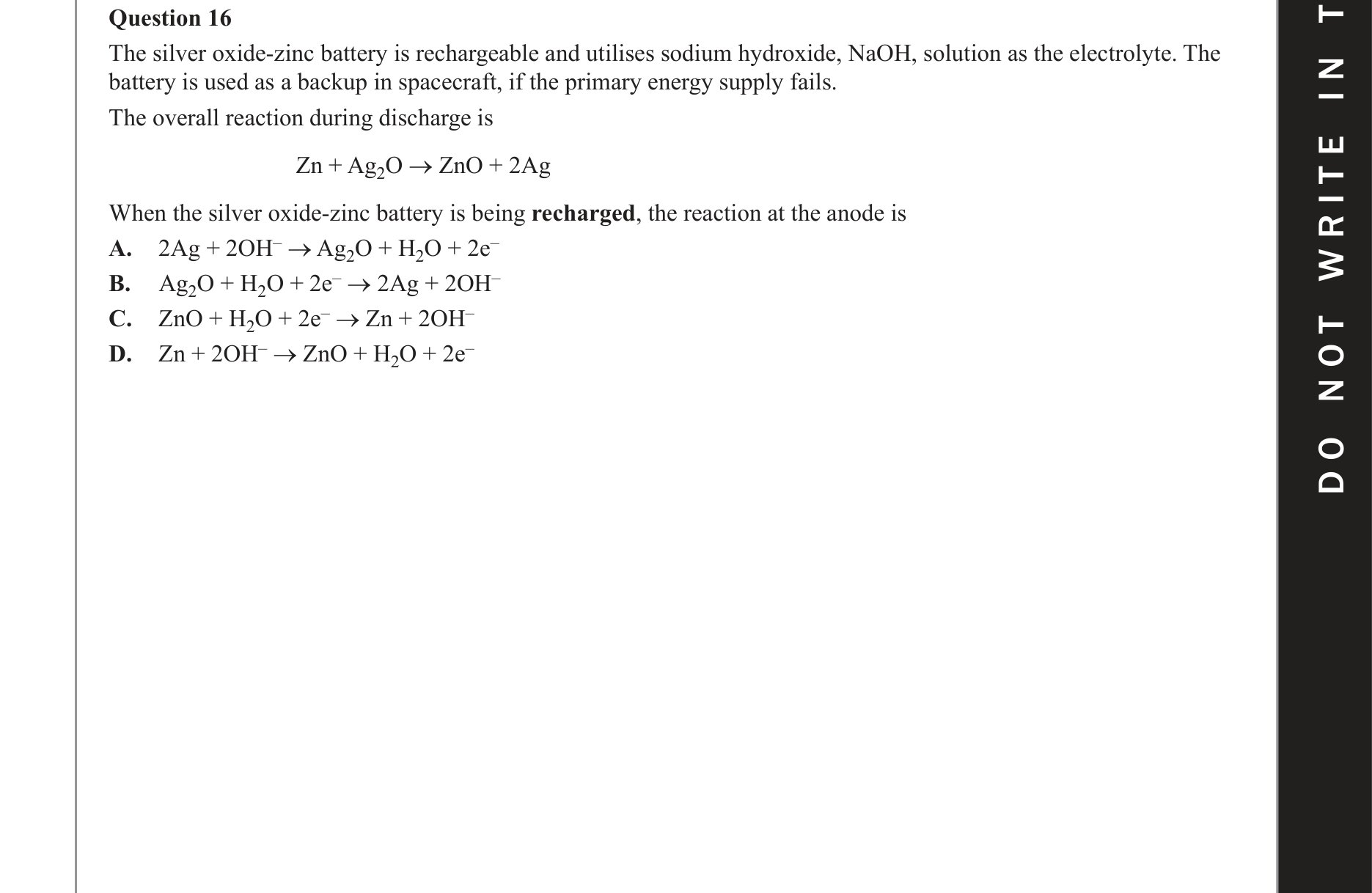 Chemistry 2018 Exam Question 16 — Electrolytic cells, Redox