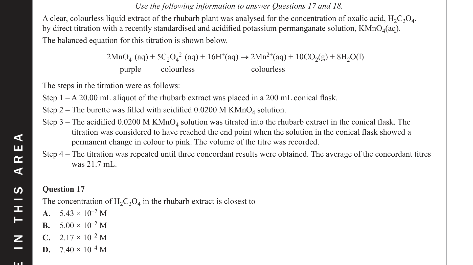 Chemistry 2018 Exam Question 17 — Redox, Stoichiometry