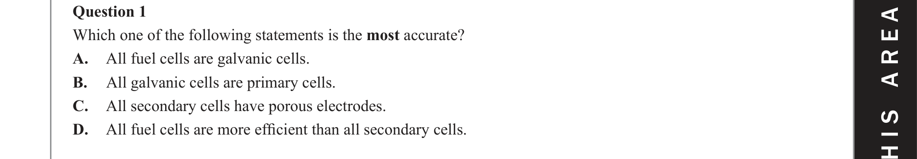 Chemistry 2018 Exam Question 1 — Fuel cells, Galvanic cells