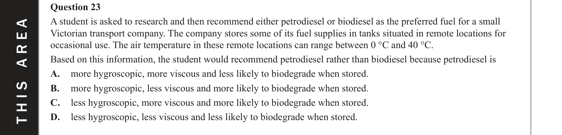 Chemistry 2018 Exam Question 23 — Fuels, Biofuels