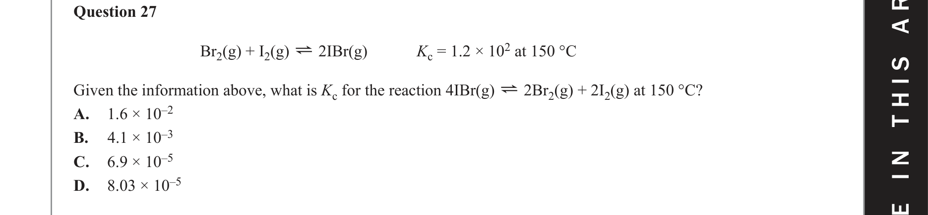 Chemistry 2018 Exam Question 27 — Equilibrium constant