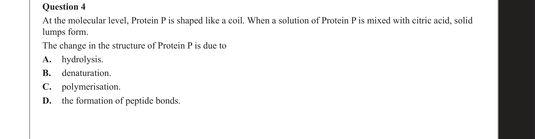 Chemistry 2018 Exam Question 4 — Denaturation, Proteins