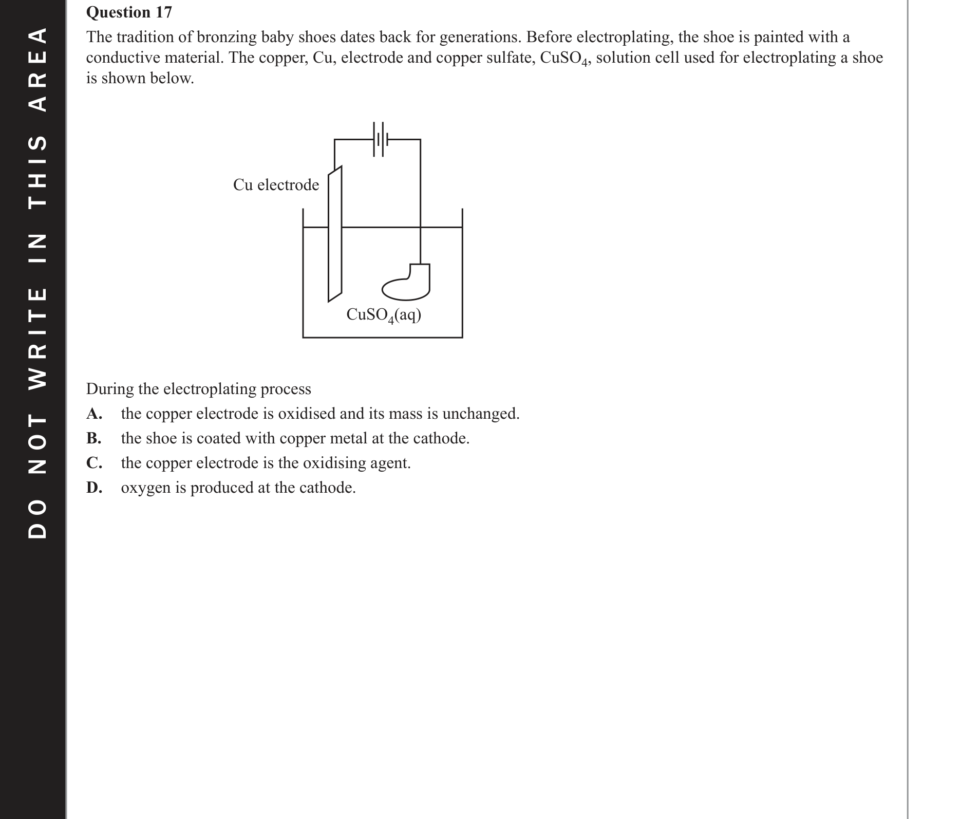 Chemistry 2019 Exam Question 17 — Redox, Electrolytic cells