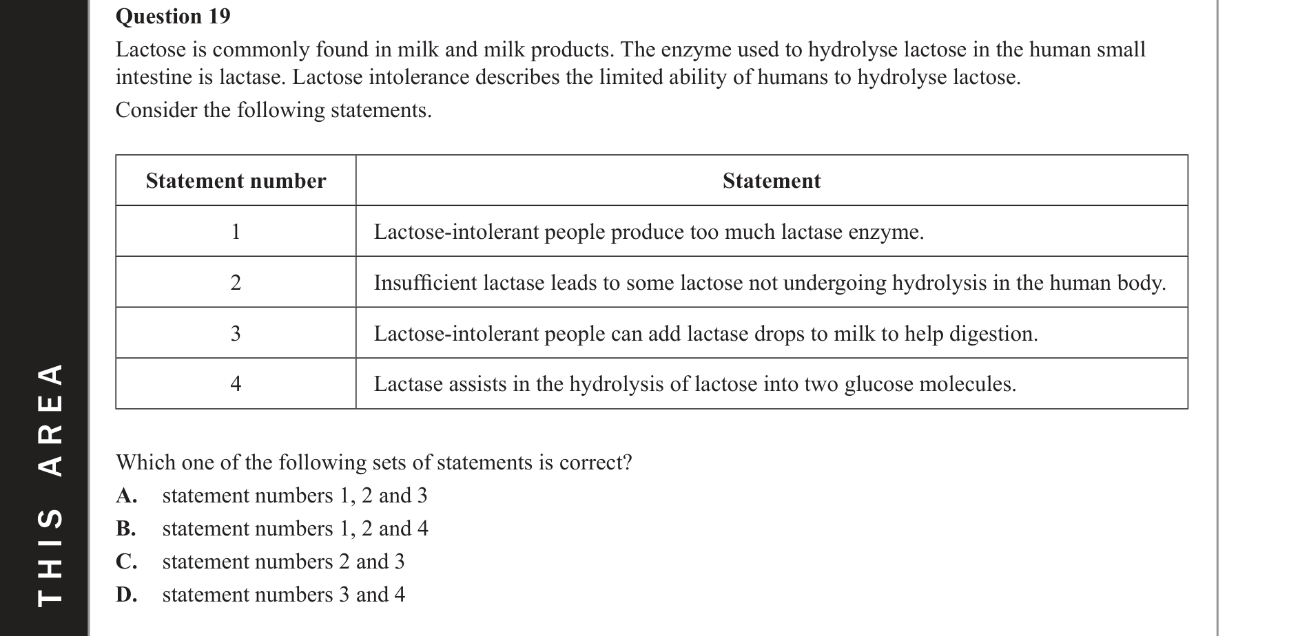 Chemistry 2019 Exam Question 19 — Organic compounds, Enzymes, Hydrolysis reactions