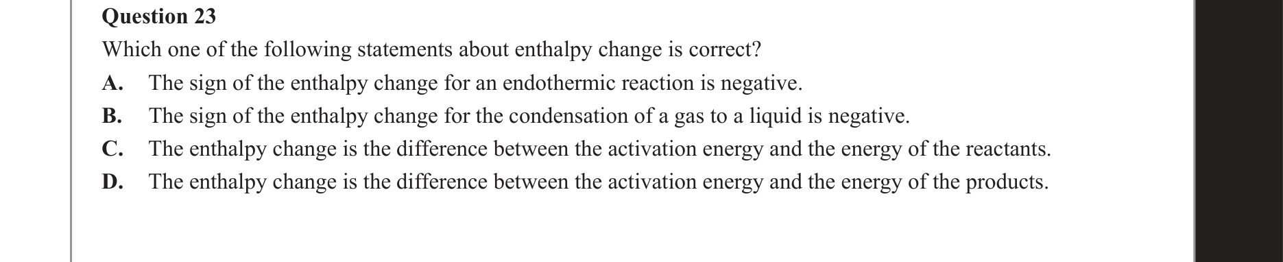 Chemistry 2019 Exam Question 23 — Thermochemistry, Endothermic and exothermic reactions