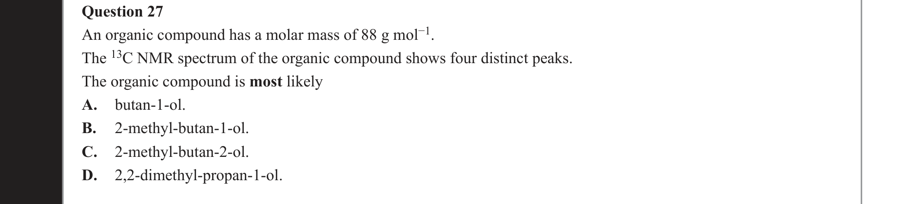 Chemistry 2019 Exam Question 27 — Organic compounds, NMR spectroscopy