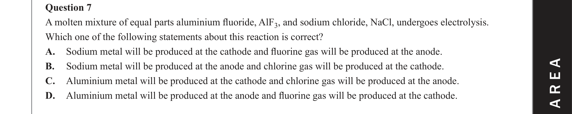 Chemistry 2019 Exam Question 7 — Redox, Electrolytic cells