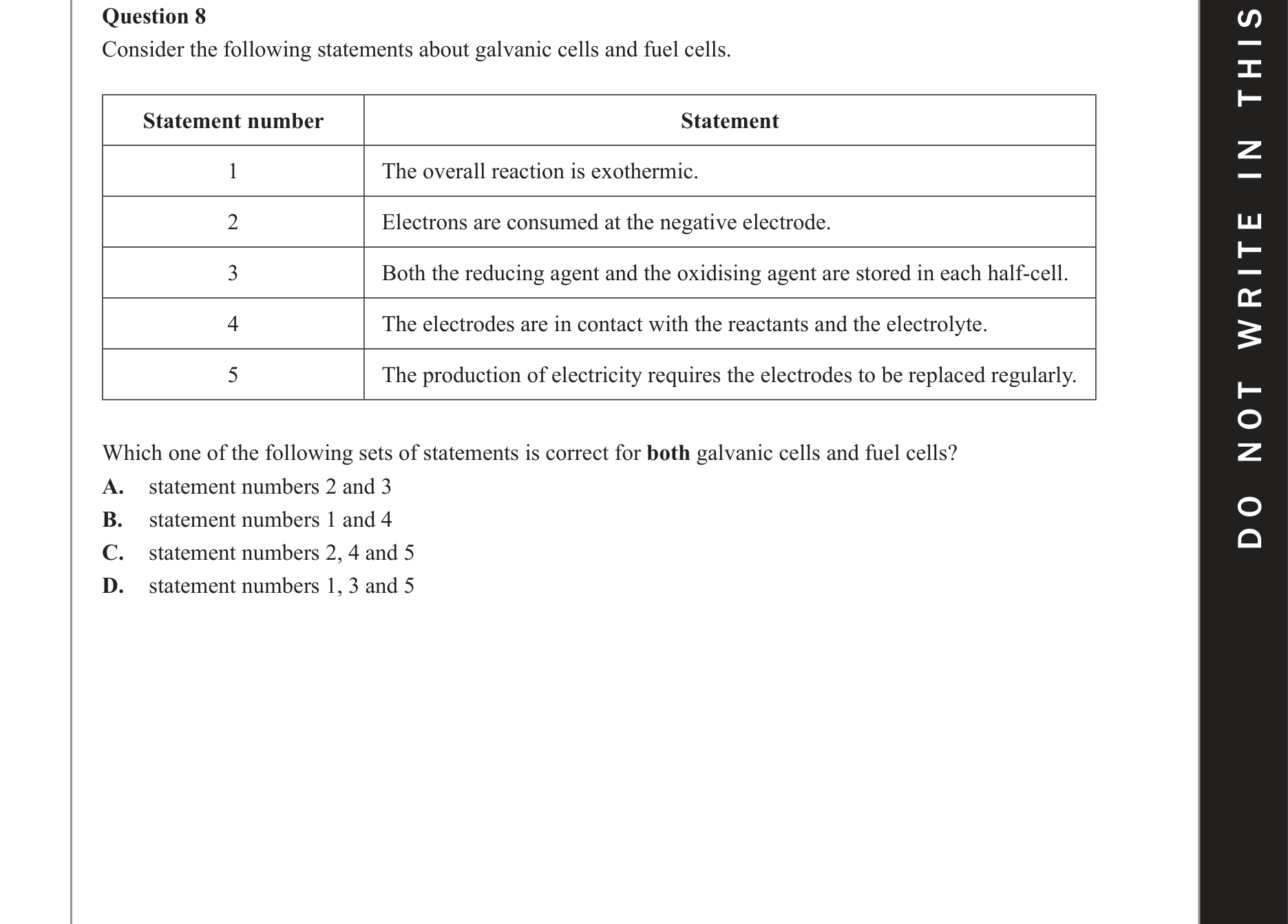 Chemistry 2019 Exam Question 8 — Redox, Galvanic cells, Fuel cells