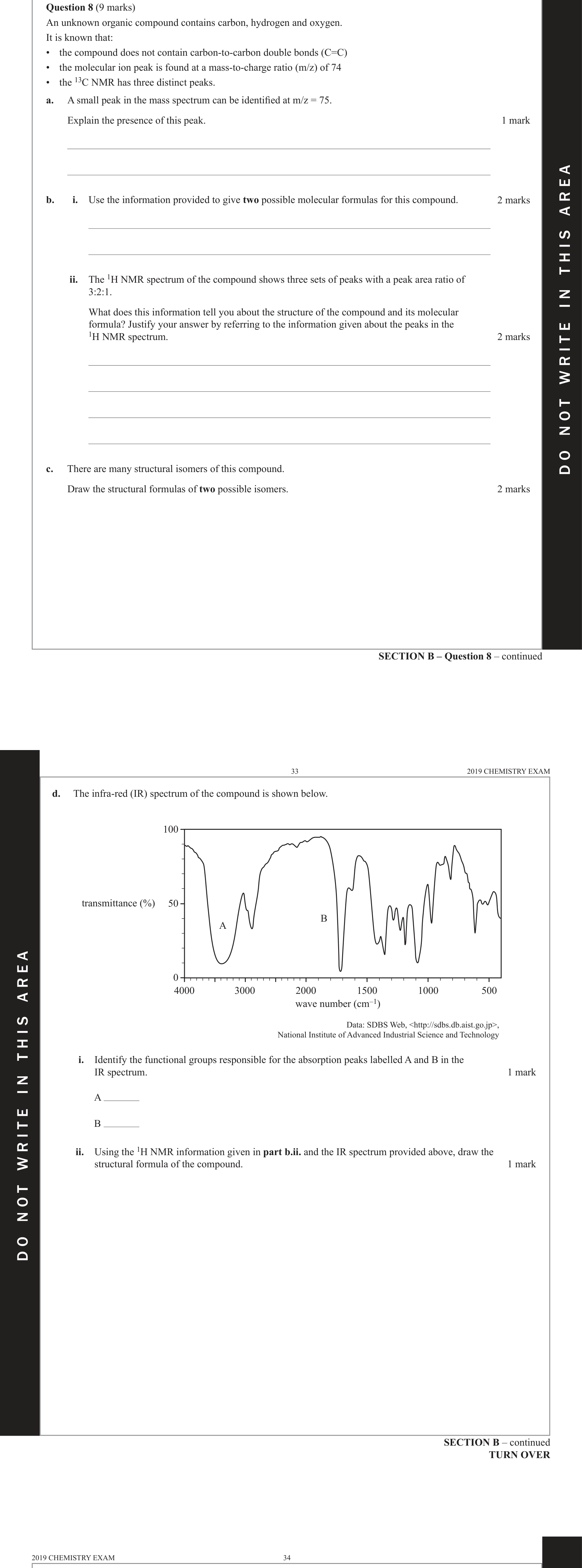 Chemistry 2019 Exam Question 8(d)(ii) — Organic compounds, NMR spectroscopy, Infrared spectroscopy