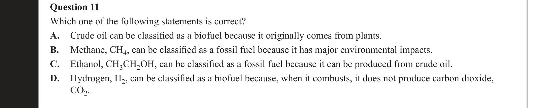 Chemistry 2020 Exam Question 11 — Fuels, Biofuels