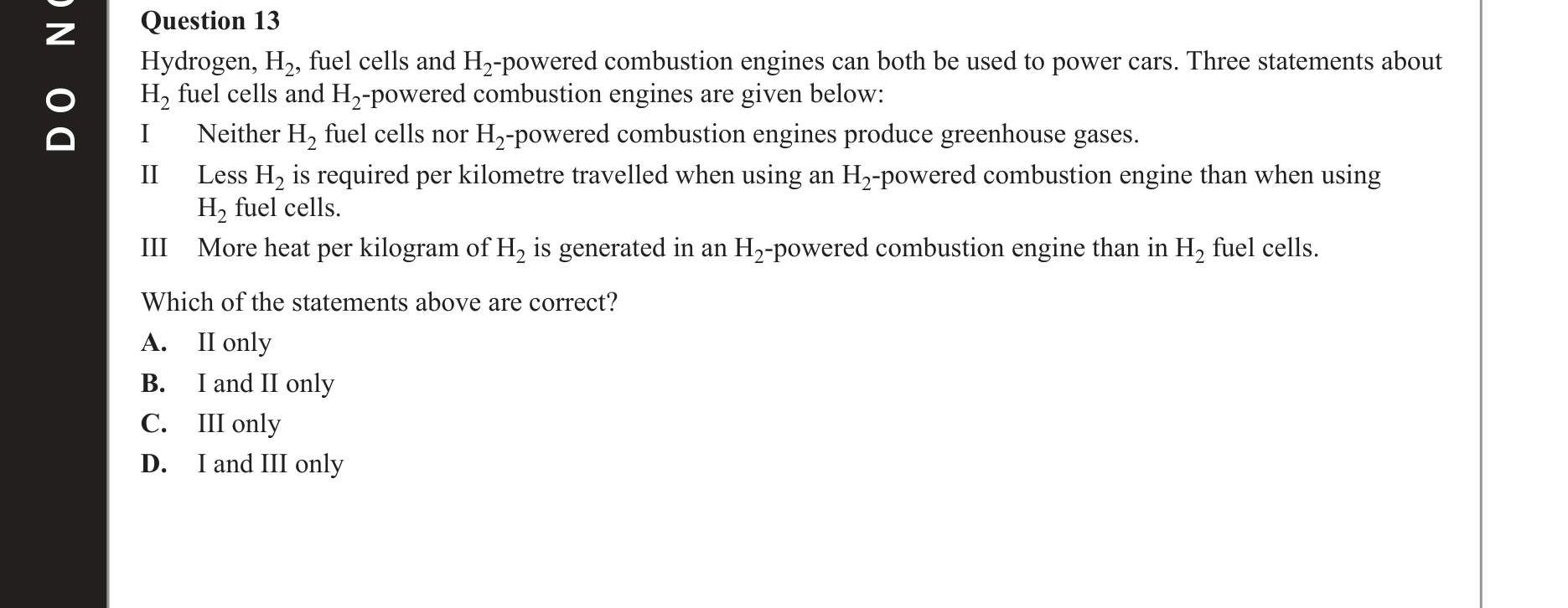 Chemistry 2020 Exam Question 13 — Fuel cells, Fuels