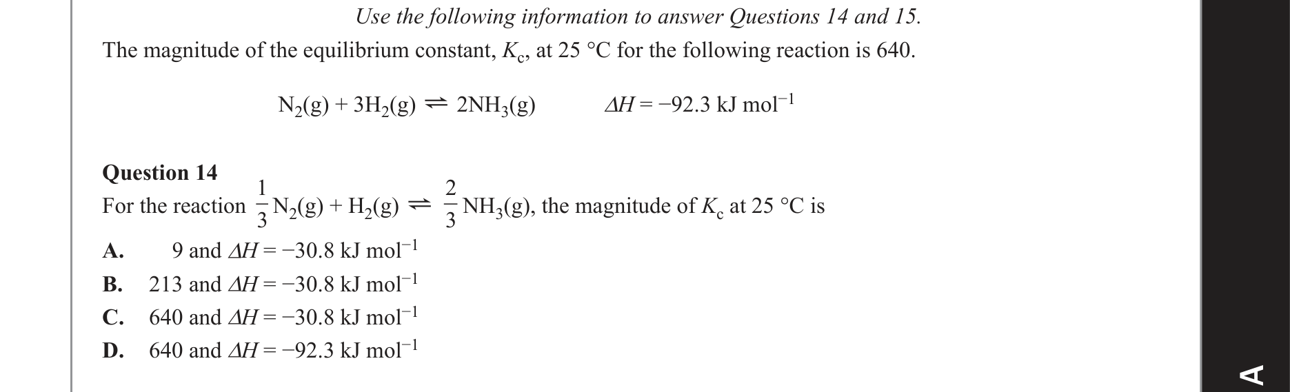 Chemistry 2020 Exam Question 14 — Equilibrium constant, Thermochemistry