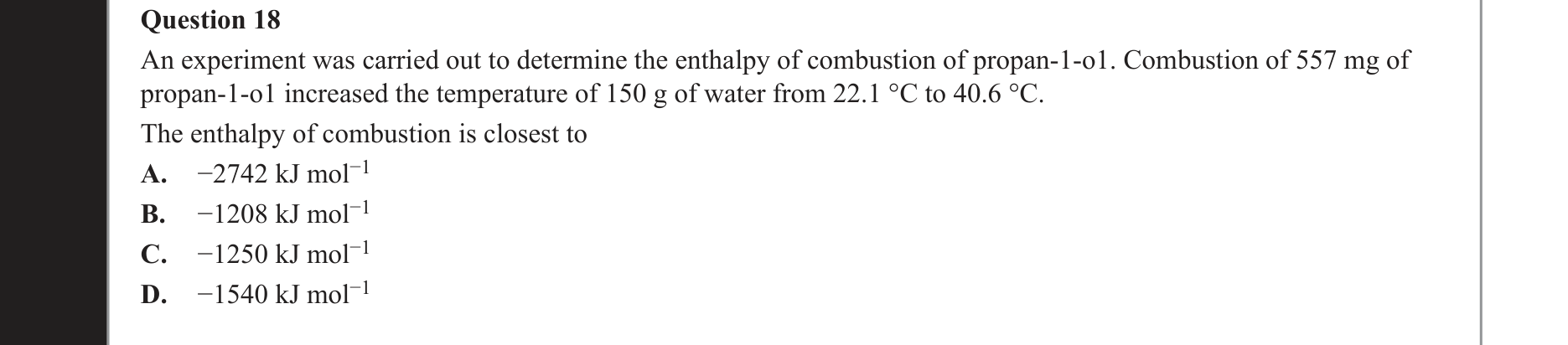 Chemistry 2020 Exam Question 18 — Calorimetry, Thermochemistry