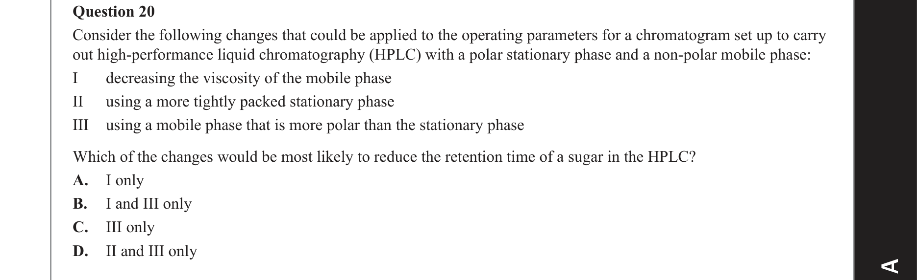 Chemistry 2020 Exam Question 20 — HPLC