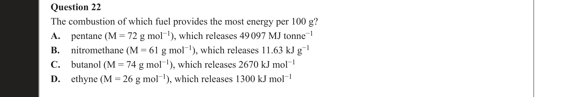 Chemistry 2020 Exam Question 22 — Fuels, Stoichiometry