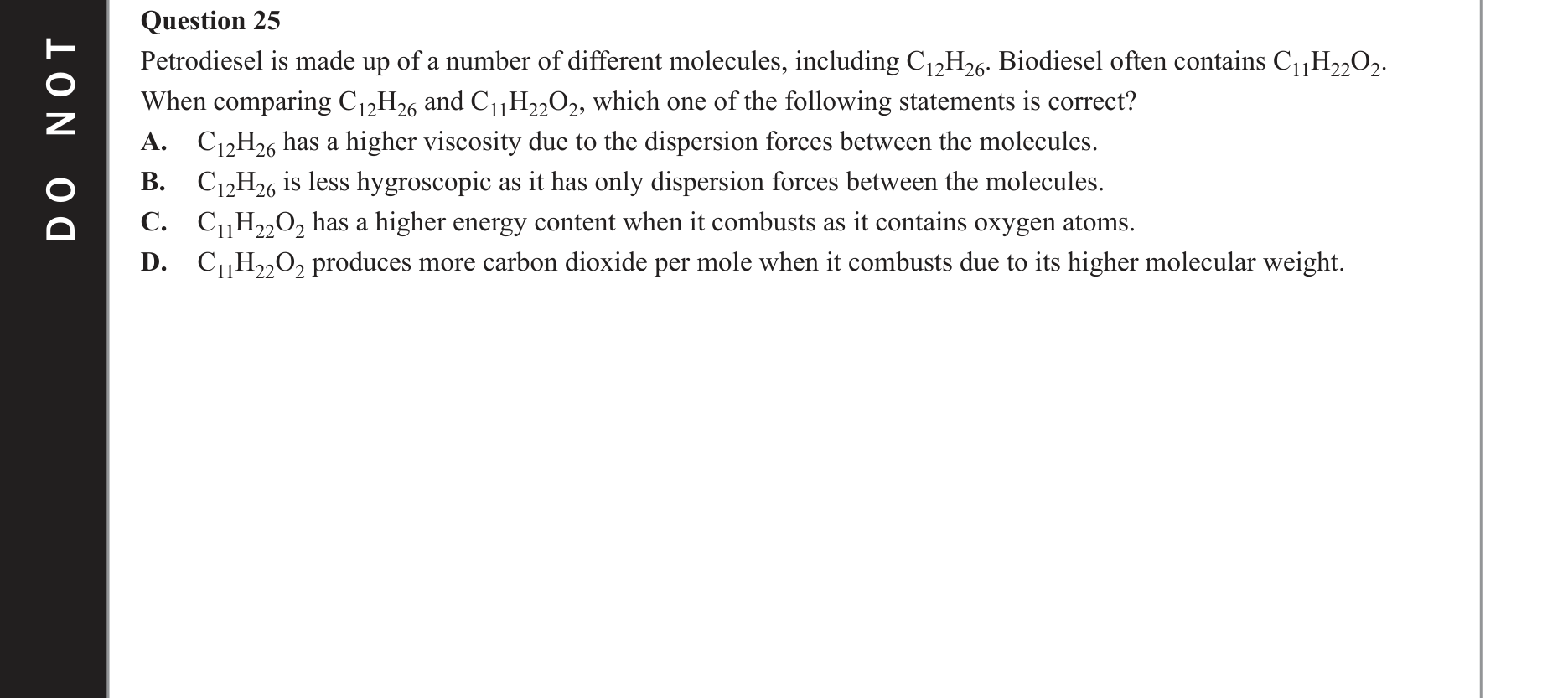 Chemistry 2020 Exam Question 25 — Biofuels, Intermolecular forces
