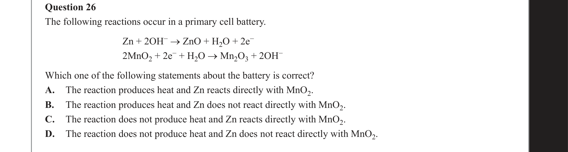 Chemistry 2020 Exam Question 26 — Alkaline cells, Galvanic cells