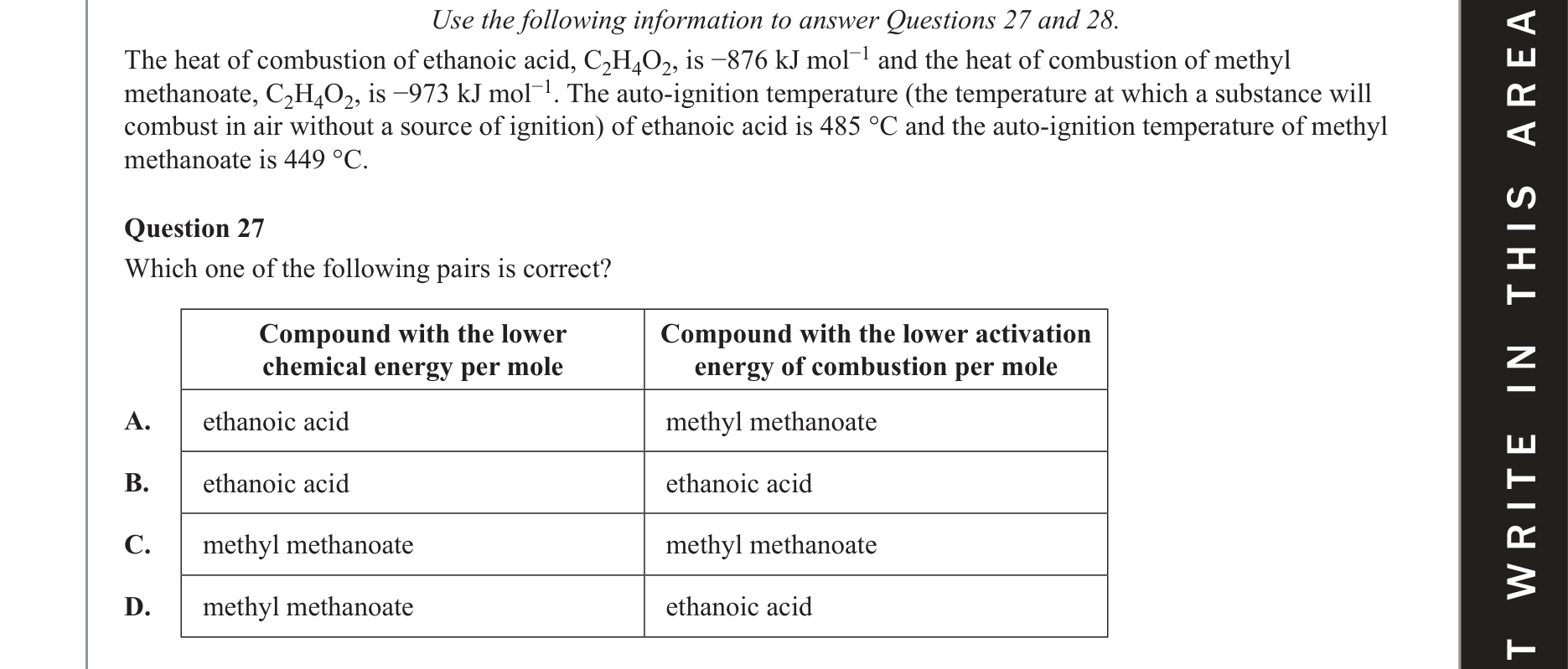 Chemistry 2020 Exam Question 27 — Thermochemistry, Activation energy
