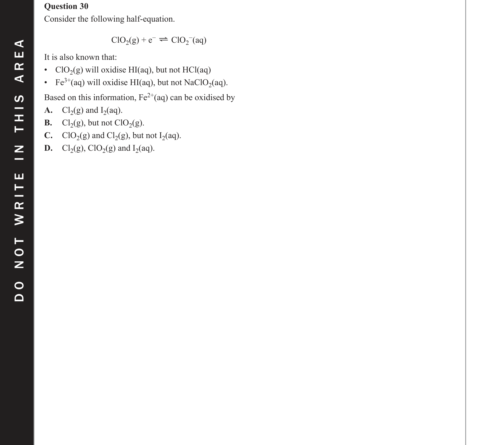 Chemistry 2020 Exam Question 30 — Redox, Electrode potentials
