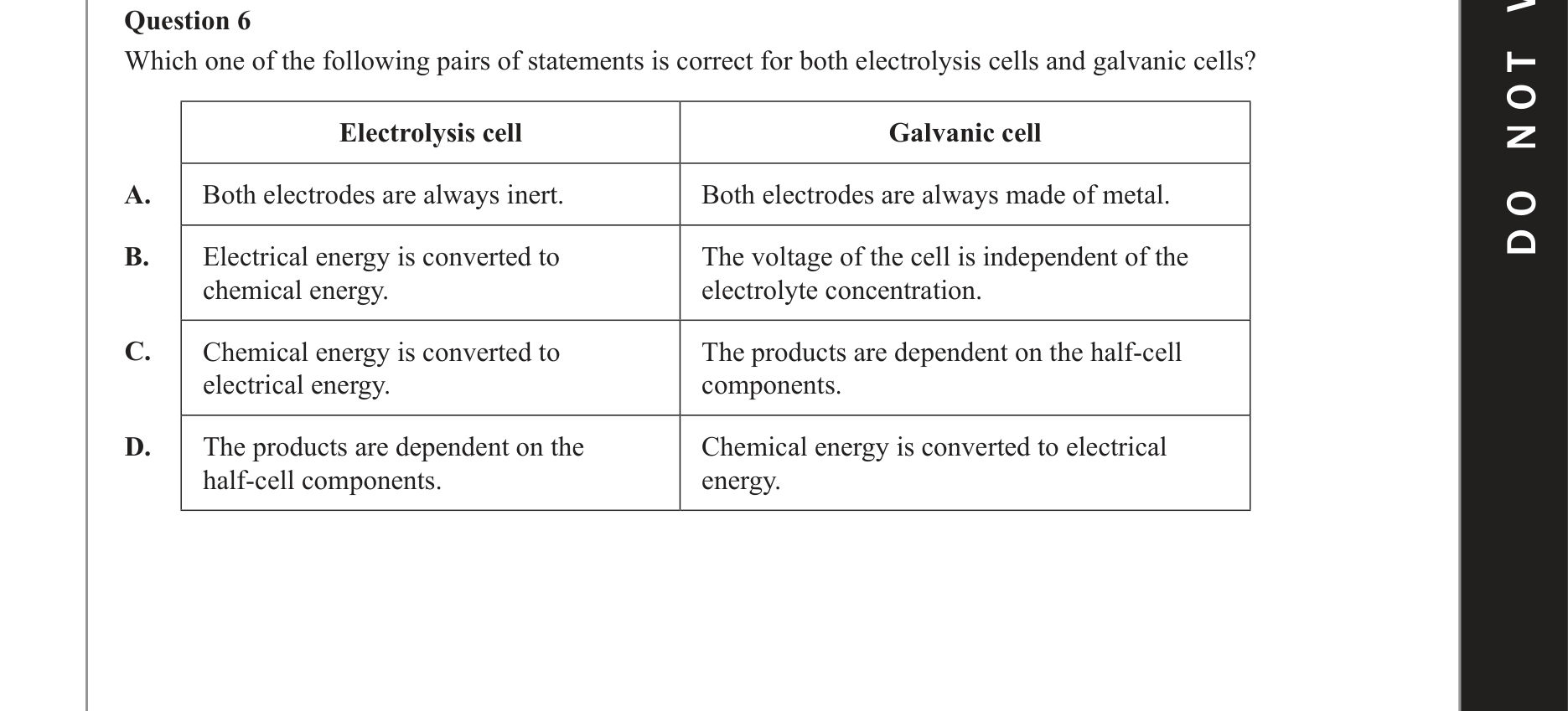 Chemistry 2020 Exam Question 6 — Electrolytic cells, Galvanic cells