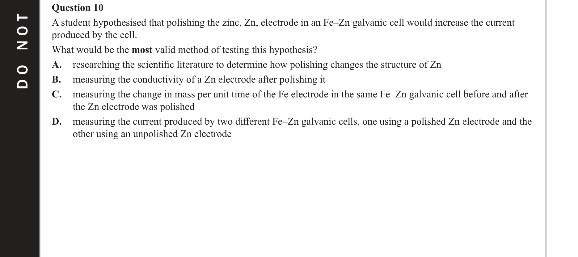 Chemistry 2021 Exam Question 10 — Scientific investigation, Galvanic cells