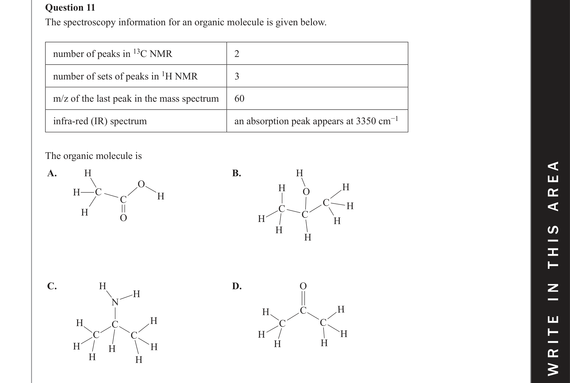 Chemistry 2021 Exam Question 11 — NMR spectroscopy, Mass spectrometry, Infrared spectroscopy