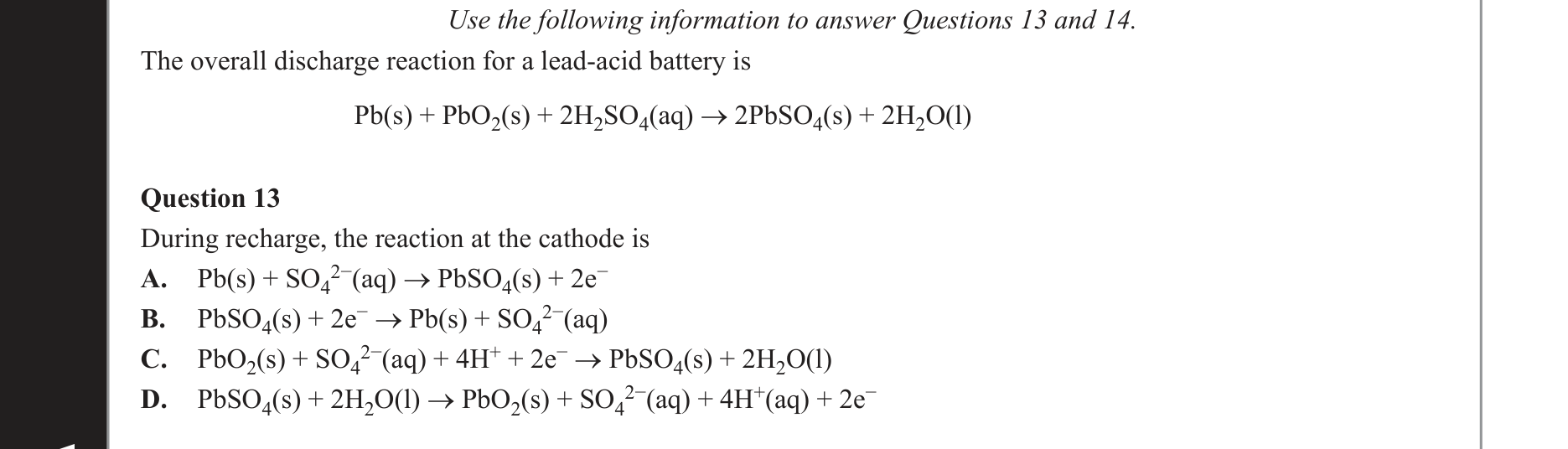 Chemistry 2021 Exam Question 13 — Electrolytic cells, Redox