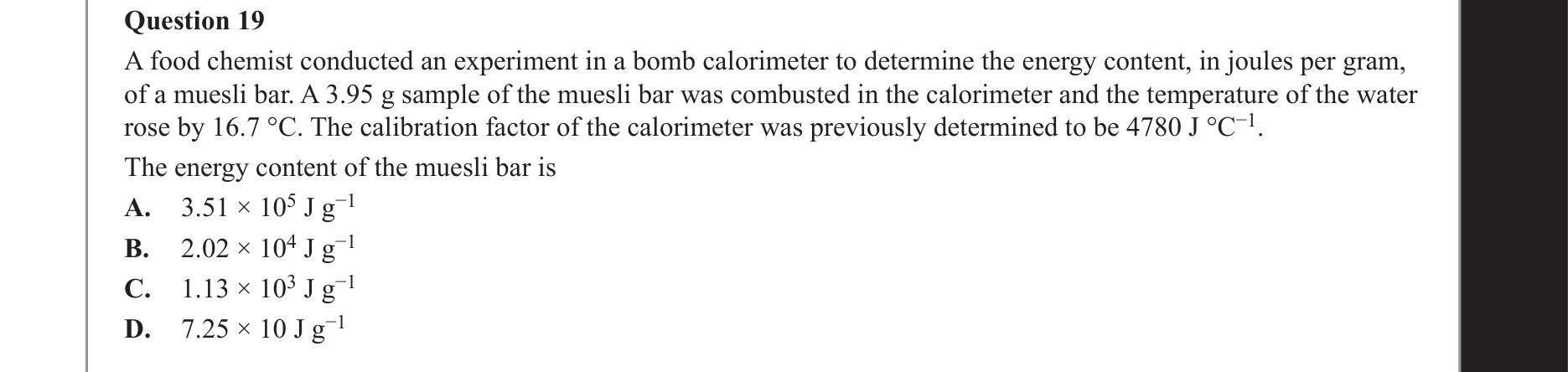 Chemistry 2021 Exam Question 19 — Calorimetry, Calibration factor