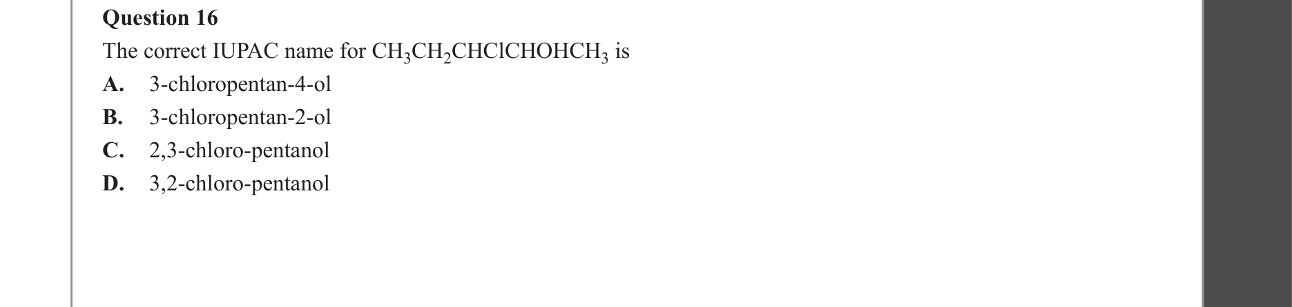 Chemistry 2022 Exam Question 16 — Organic compounds, IUPAC naming convention