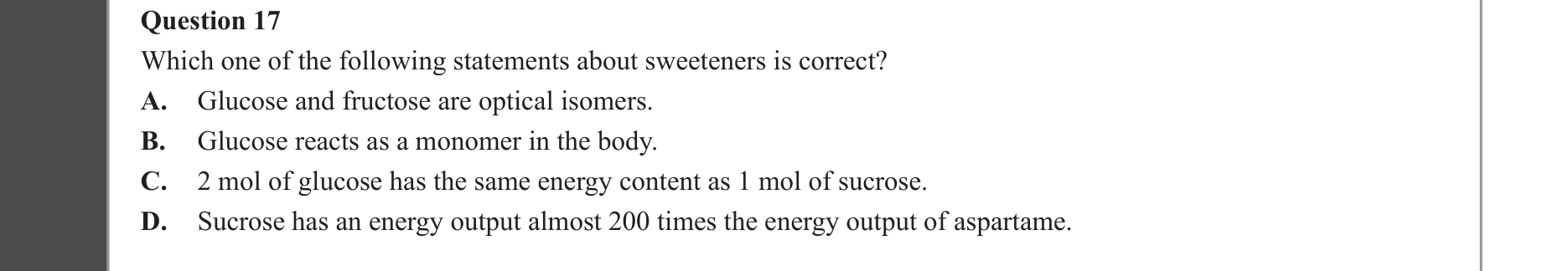 Chemistry 2022 Exam Question 17 — Fuels, Carbohydrates