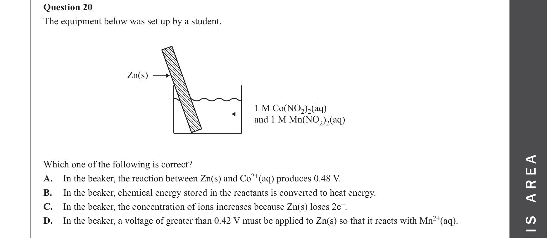 Chemistry 2022 Exam Question 20 — Redox, Galvanic cells