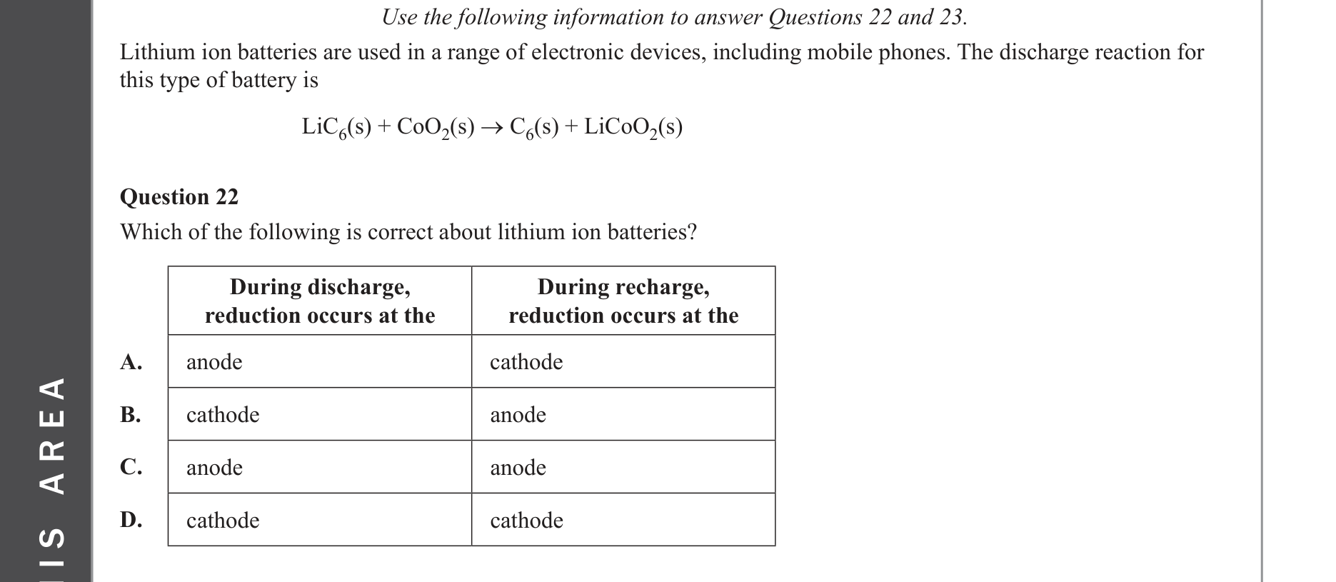 Chemistry 2022 Exam Question 22 — Redox, Galvanic cells, Electrolytic cells