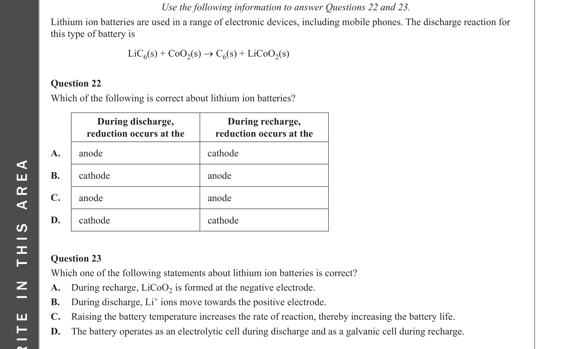 Chemistry 2022 Exam Question 23 — Redox, Galvanic cells, Electrolytic cells
