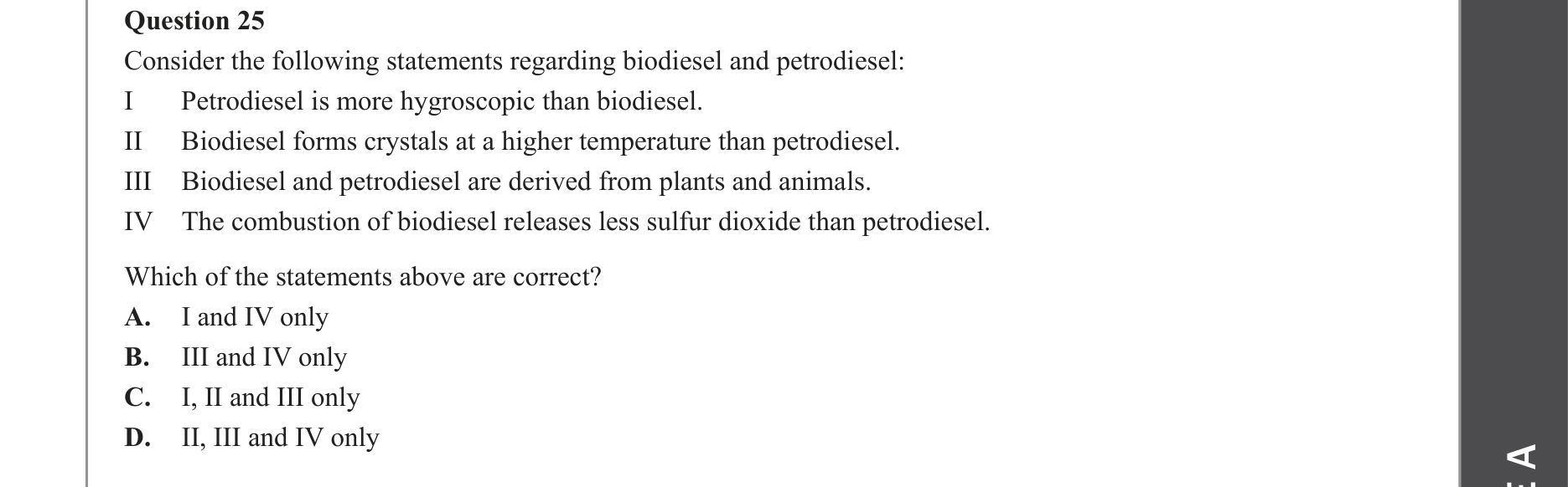 Chemistry 2022 Exam Question 25 — Fuels, Biofuels