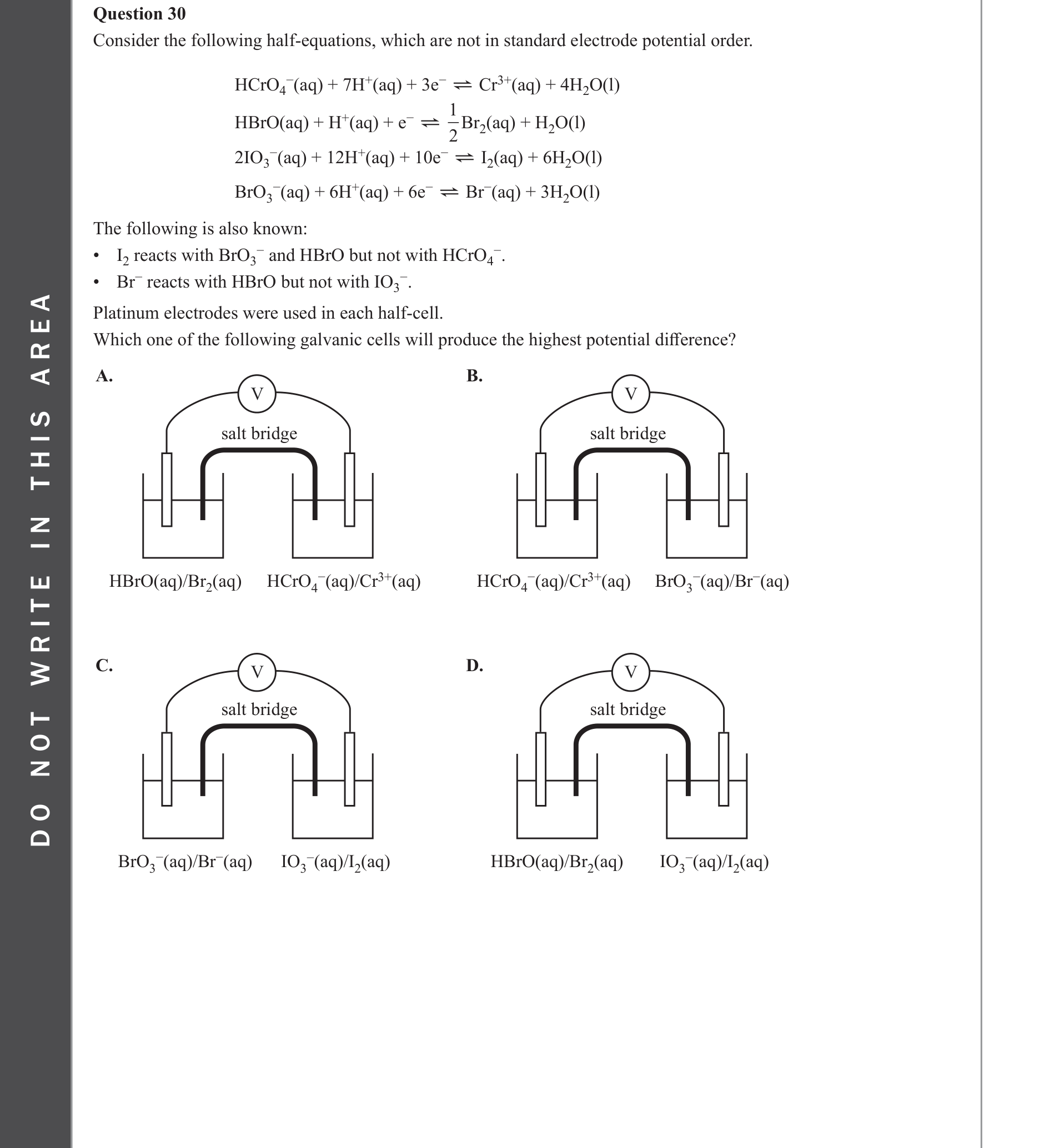 Chemistry 2022 Exam Question 30 — Redox, Galvanic cells, Electrode potentials