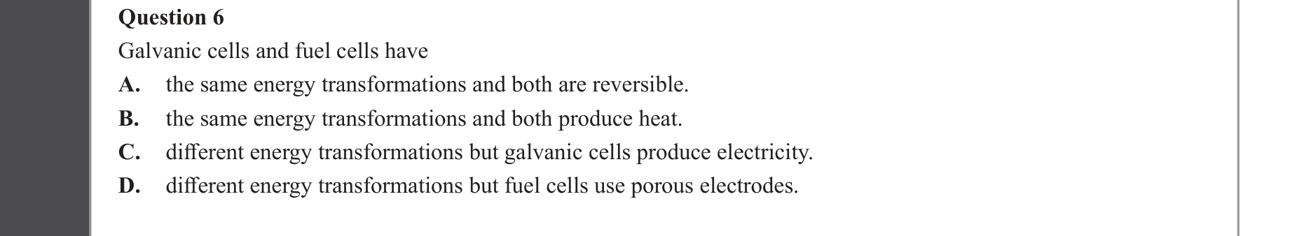 Chemistry 2022 Exam Question 6 — Redox, Galvanic cells, Fuel cells