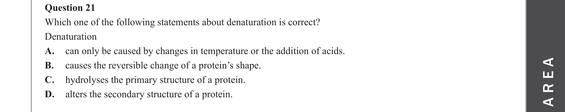 Chemistry 2023 Exam Question 21 — Denaturation