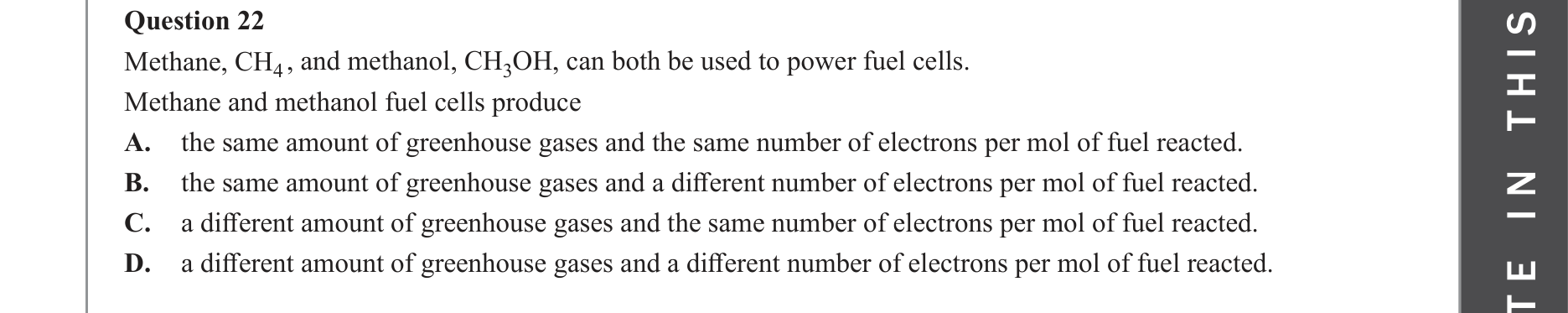 Chemistry 2023 Exam Question 22 — Fossil fuels, Fuel cells